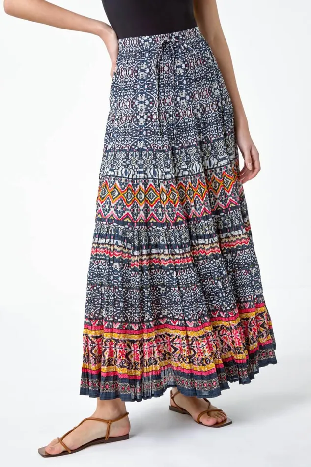Black Aztec Crinkle Cotton Tiered Maxi Skirt Women Roman Skirts
