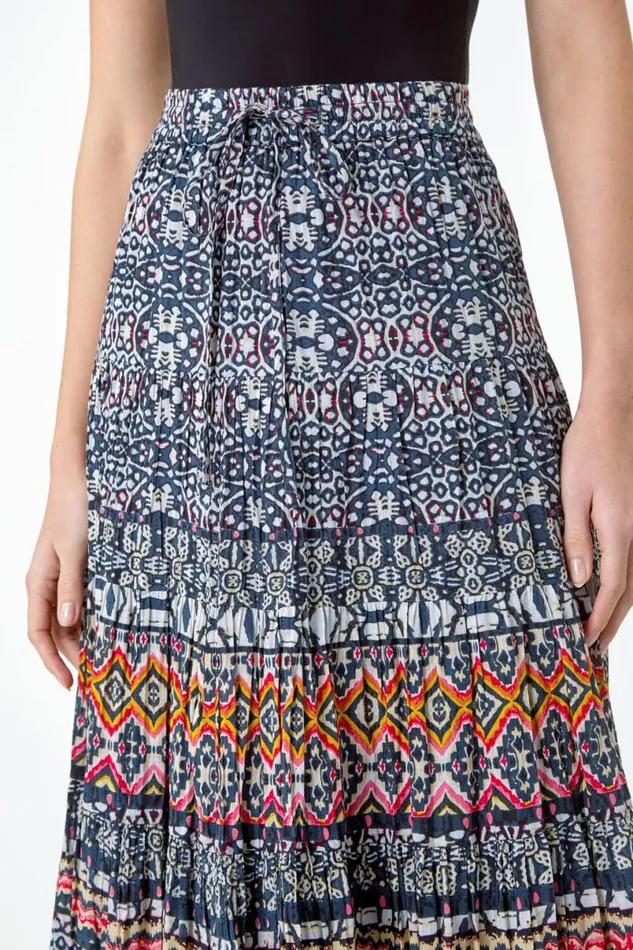 Black Aztec Crinkle Cotton Tiered Maxi Skirt Women Roman Skirts