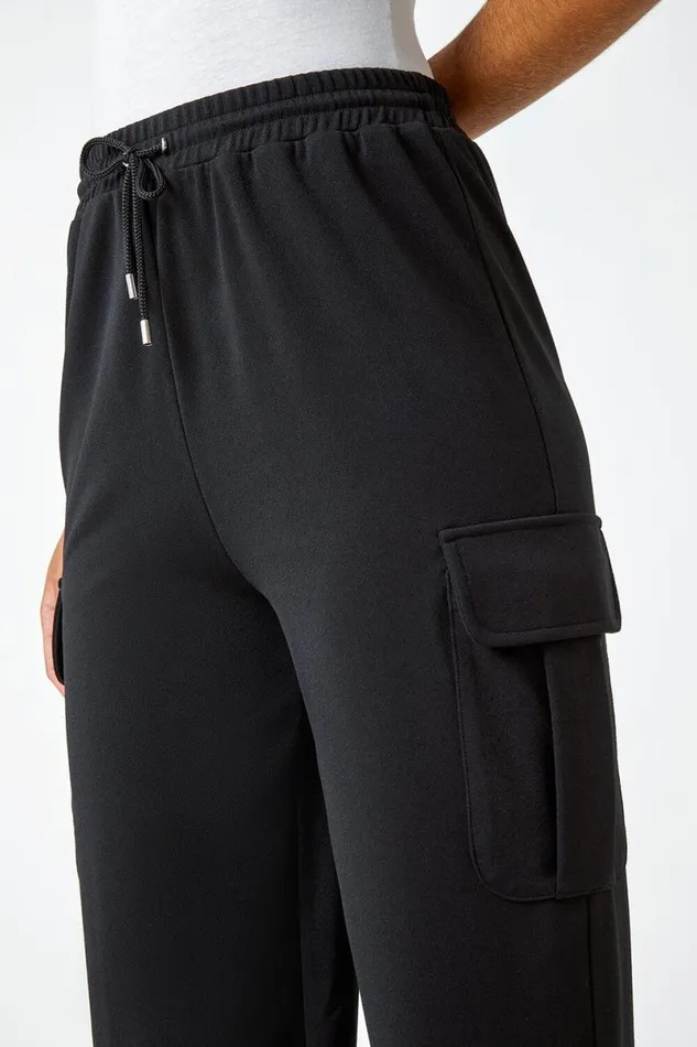Black Cargo Tie Waist Stretch Jogger Women Roman Trousers