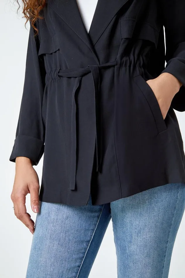 Black Collared Tie Waist Jacket Women Roman Jackets