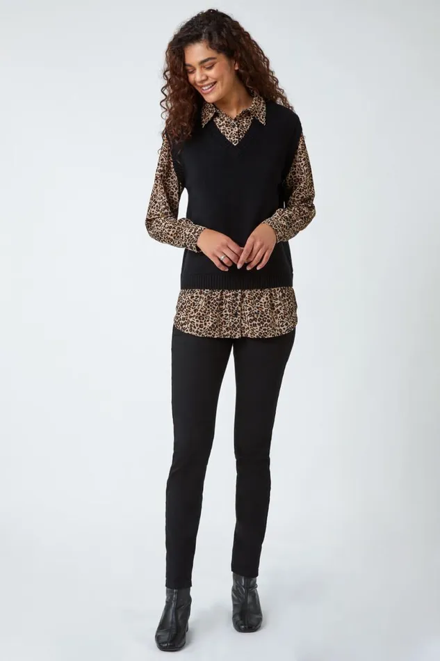 Black Contrast Animal Trim Shirt Longline Jumper Women Roman Tops