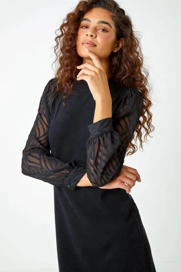Black Contrast Chiffon Sleeve Stretch Dress Women Roman Dresses