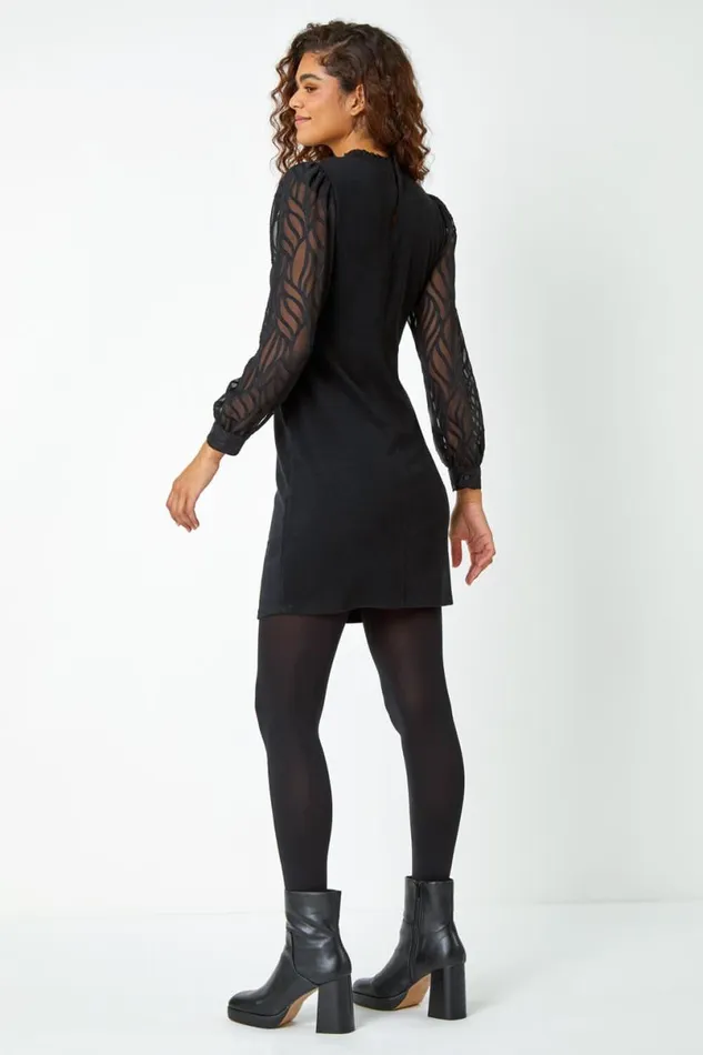 Black Contrast Chiffon Sleeve Stretch Dress Women Roman Dresses