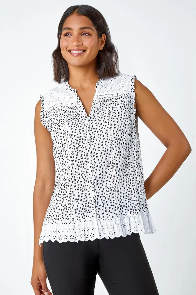 Black Cotton Spot Print Broderie Crinkle Blouse Women Roman Tops