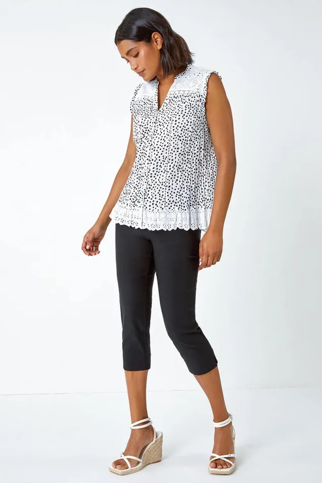 Black Cotton Spot Print Broderie Crinkle Blouse Women Roman Tops