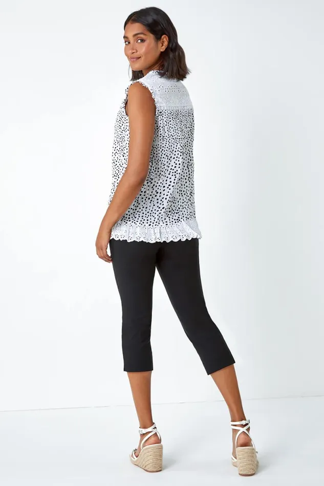 Black Cotton Spot Print Broderie Crinkle Blouse Women Roman Tops