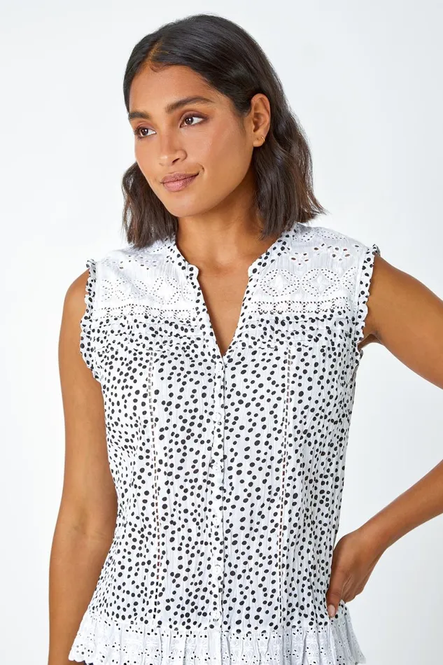 Black Cotton Spot Print Broderie Crinkle Blouse Women Roman Tops