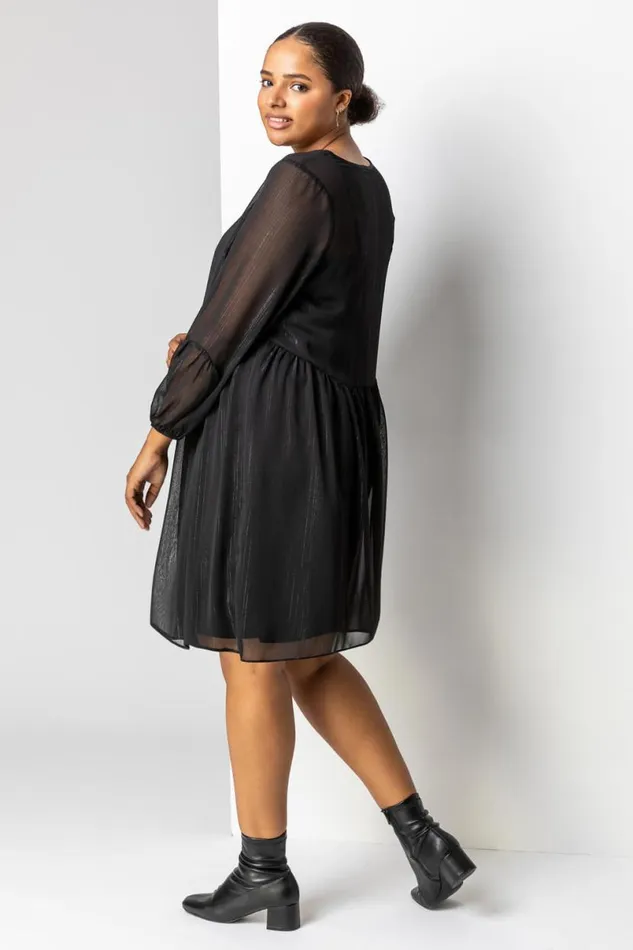 Black Curve Chiffon Shimmer Stripe Smock Dress Women Roman Dresses
