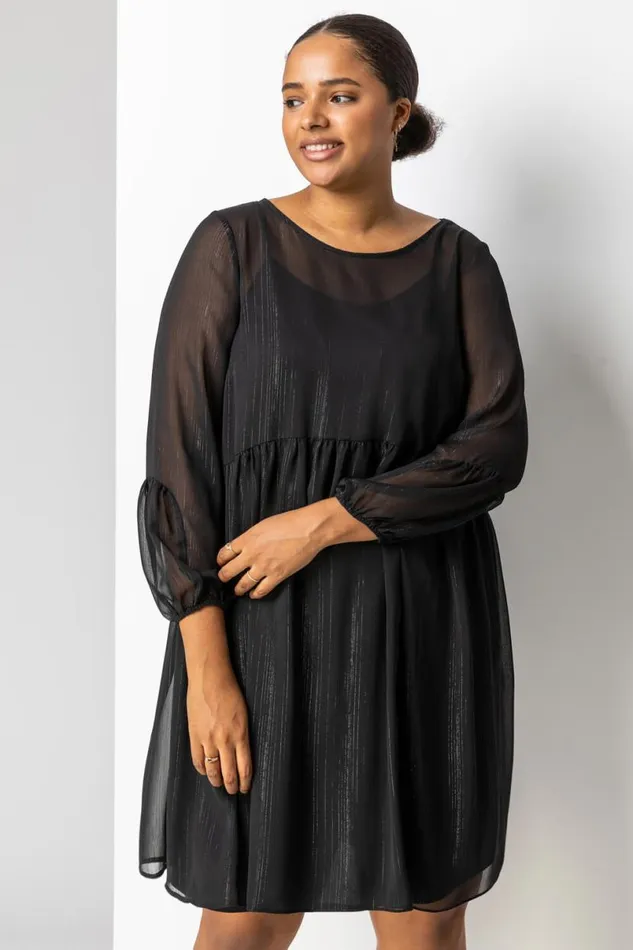 Black Curve Chiffon Shimmer Stripe Smock Dress Women Roman Dresses