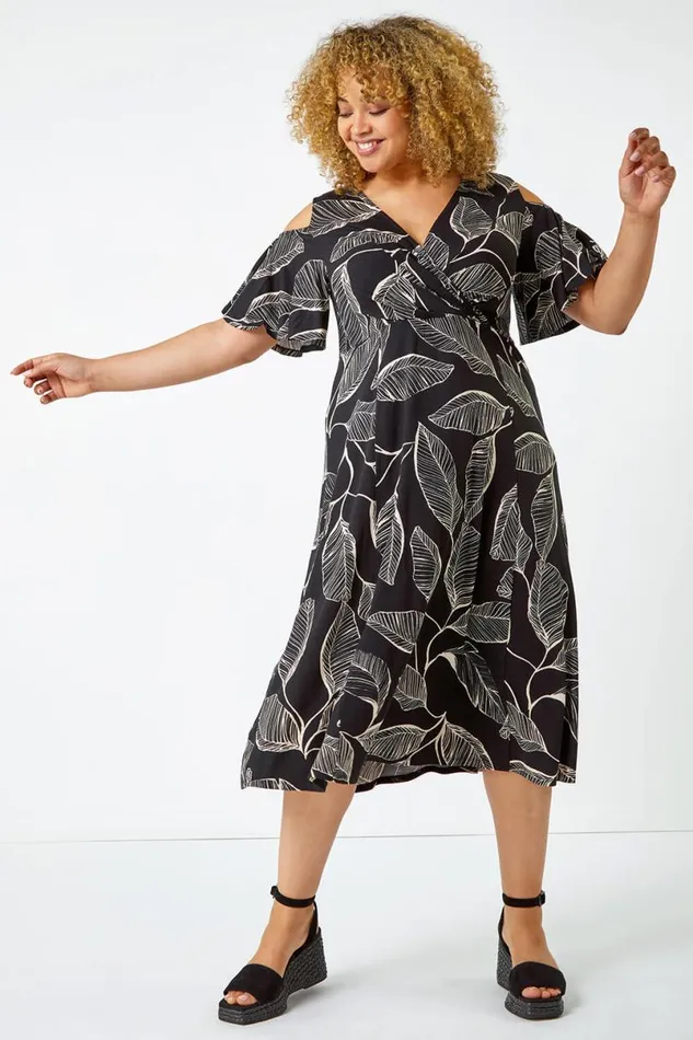 Black Curve Cold Shoulder Floral Wrap Dress Women Roman Dresses