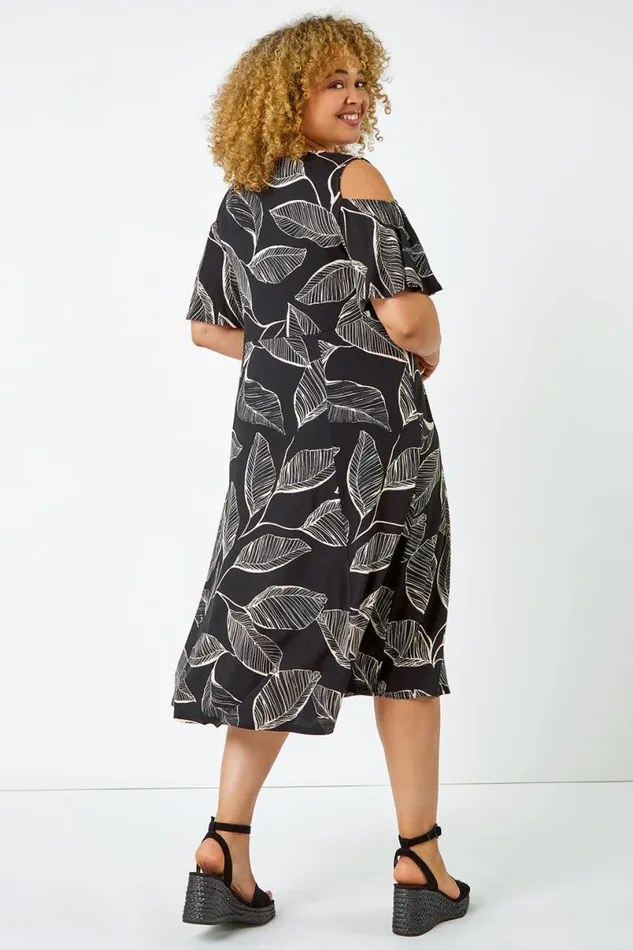 Black Curve Cold Shoulder Floral Wrap Dress Women Roman Dresses