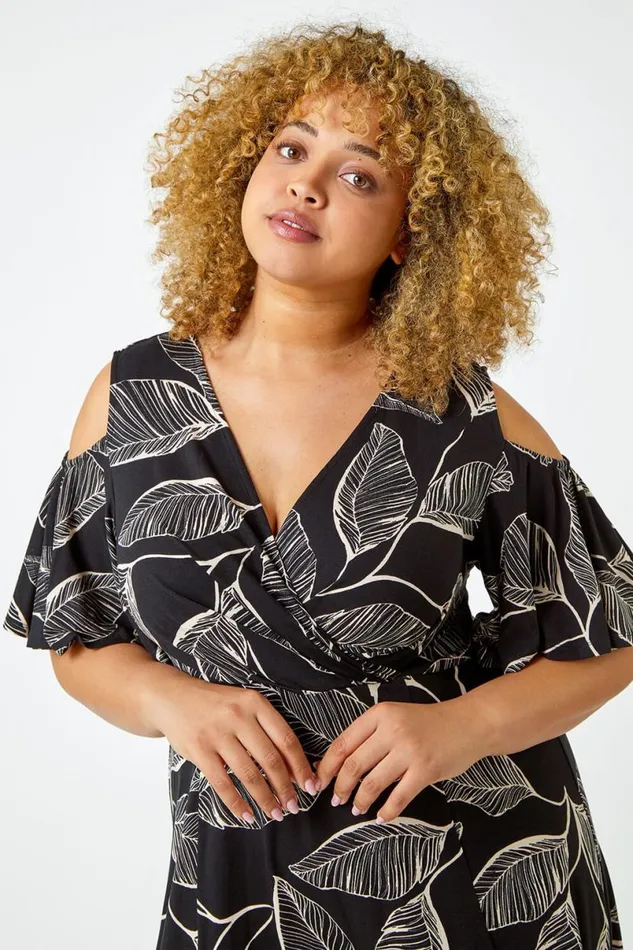 Black Curve Cold Shoulder Floral Wrap Dress Women Roman Dresses