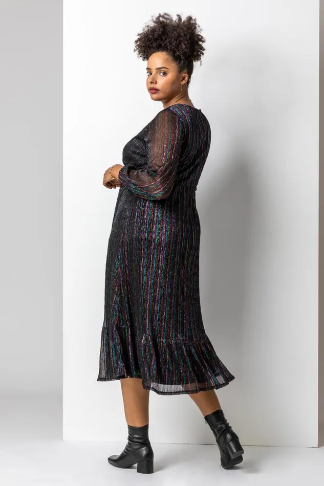 Black Curve Metallic Plisse Frill Hem Dress Women Roman Dresses