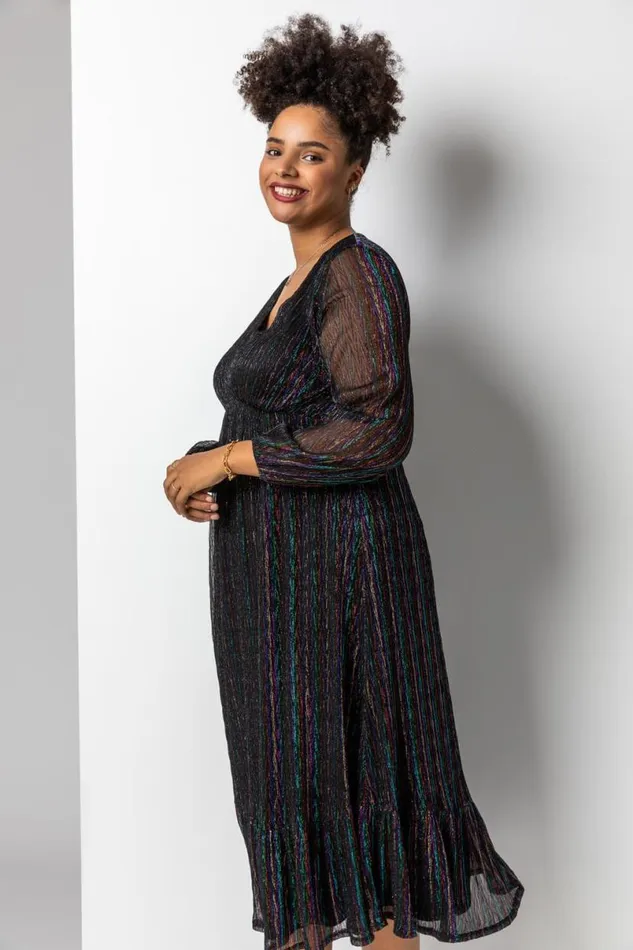 Black Curve Metallic Plisse Frill Hem Dress Women Roman Dresses