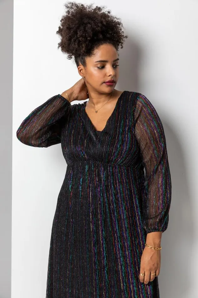 Black Curve Metallic Plisse Frill Hem Dress Women Roman Dresses