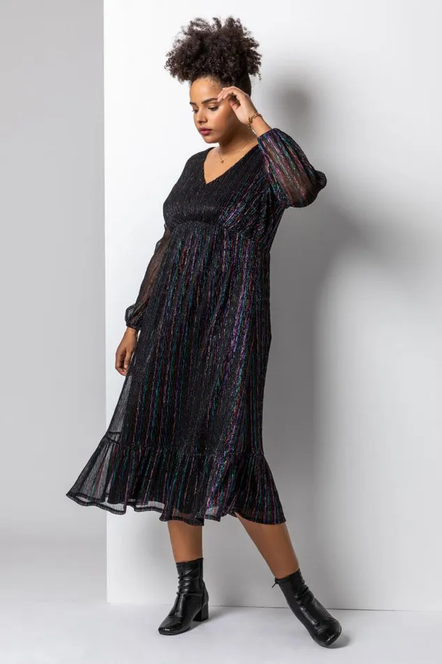 Black Curve Metallic Plisse Frill Hem Dress Women Roman Dresses