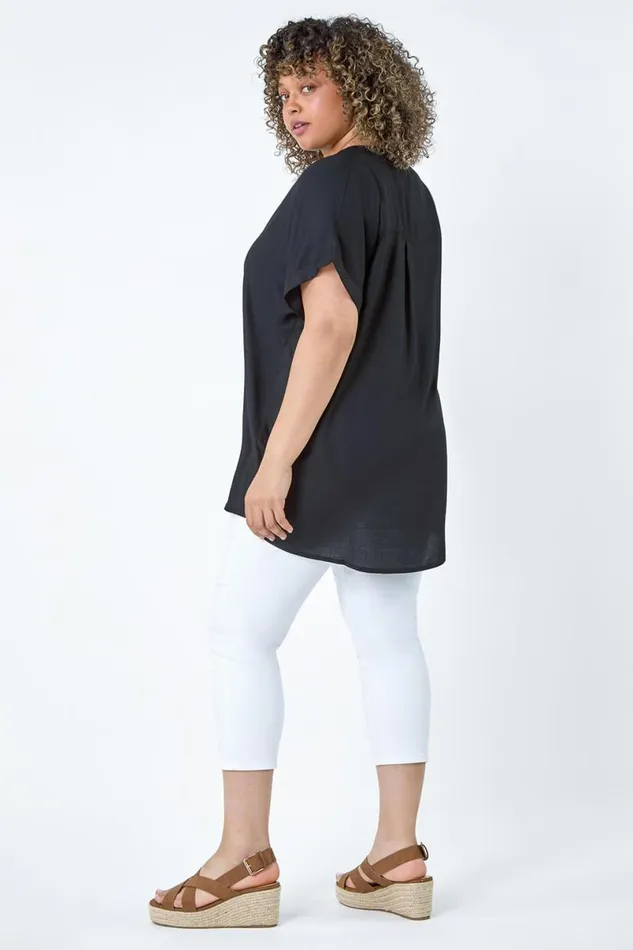 Black Curve Plain Longline VNeck Top Women Roman Tops