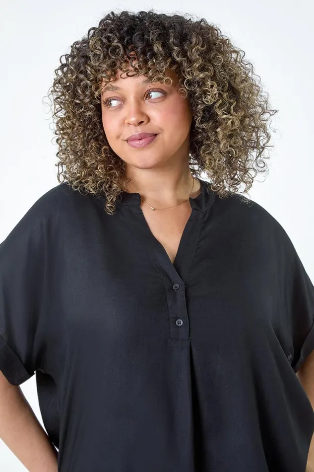 Black Curve Plain Longline VNeck Top Women Roman Tops