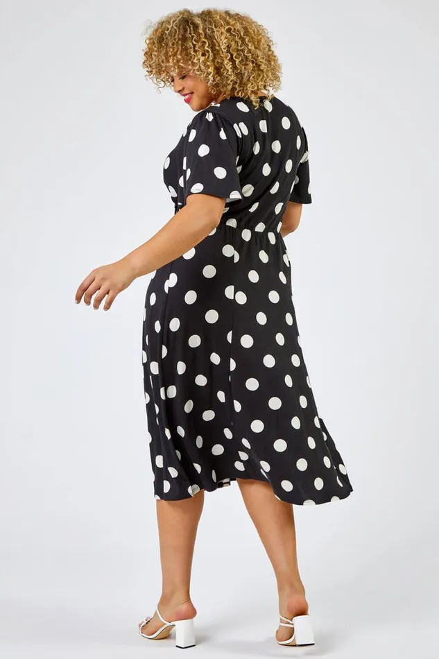 Black Curve Spot Print Midi Dress Women Roman Dresses