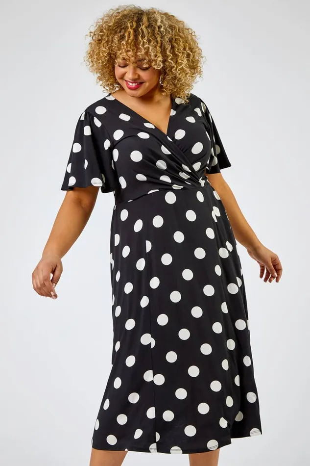 Black Curve Spot Print Midi Dress Women Roman Dresses
