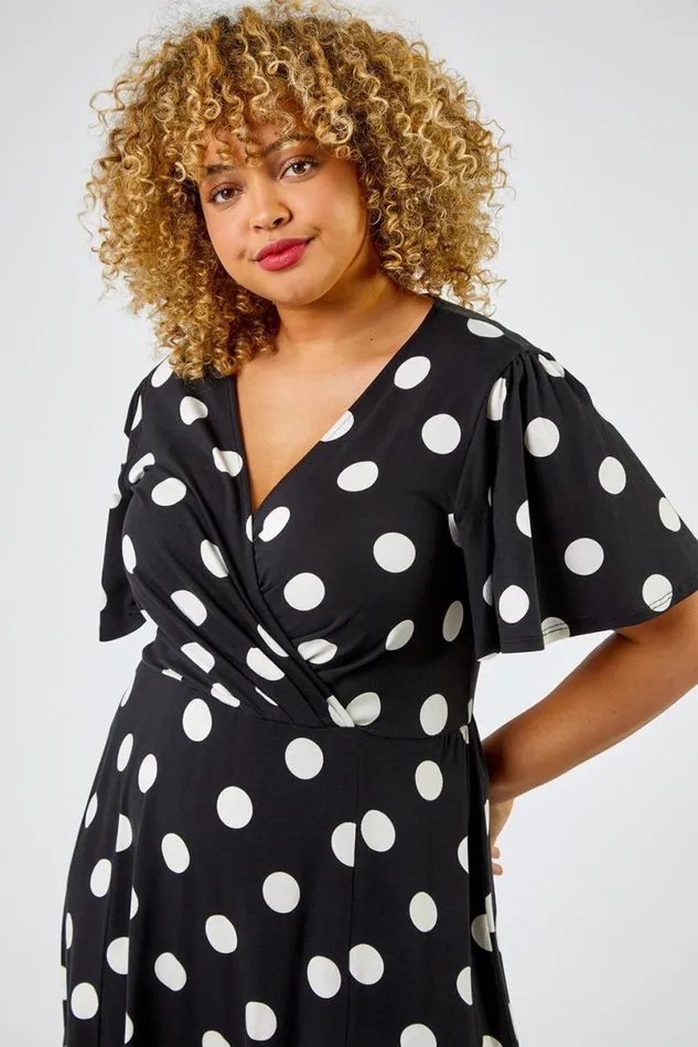 Black Curve Spot Print Midi Dress Women Roman Dresses