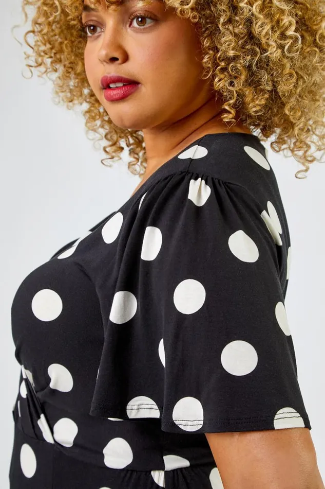 Black Curve Spot Print Midi Dress Women Roman Dresses