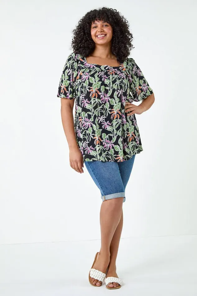 Black Curve Tropical Print Square Neck Top Women Roman Tops