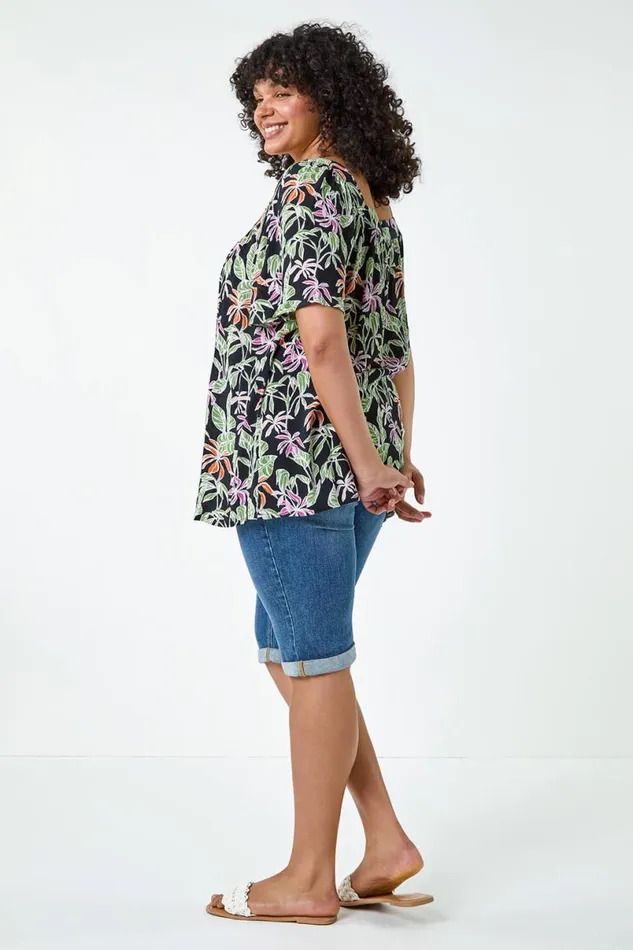 Black Curve Tropical Print Square Neck Top Women Roman Tops