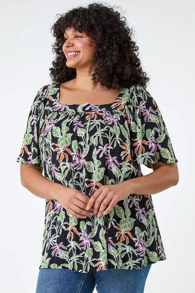 Black Curve Tropical Print Square Neck Top Women Roman Tops