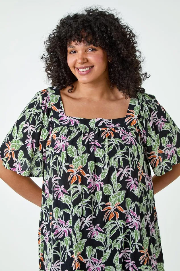 Black Curve Tropical Print Square Neck Top Women Roman Tops