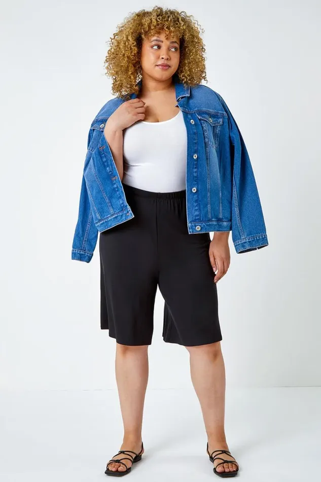 Black Curve Wide Leg Elastic Waist Stretch Shorts Women Roman Trousers
