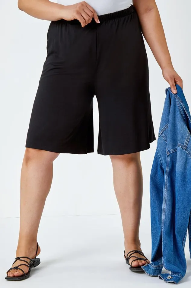 Black Curve Wide Leg Elastic Waist Stretch Shorts Women Roman Trousers