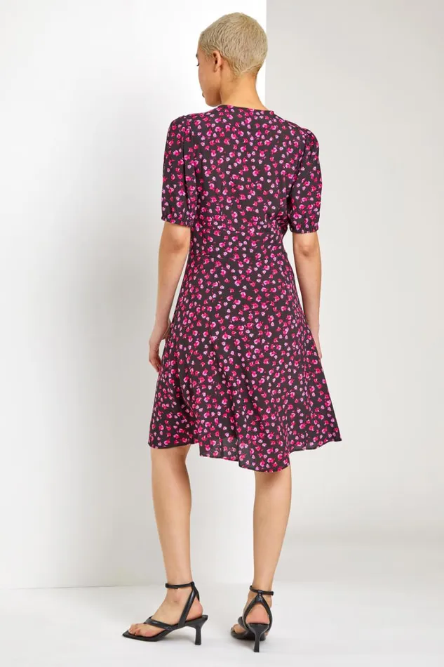 Black Ditsy Floral Frill Hem Tea Dress Women Roman Dresses