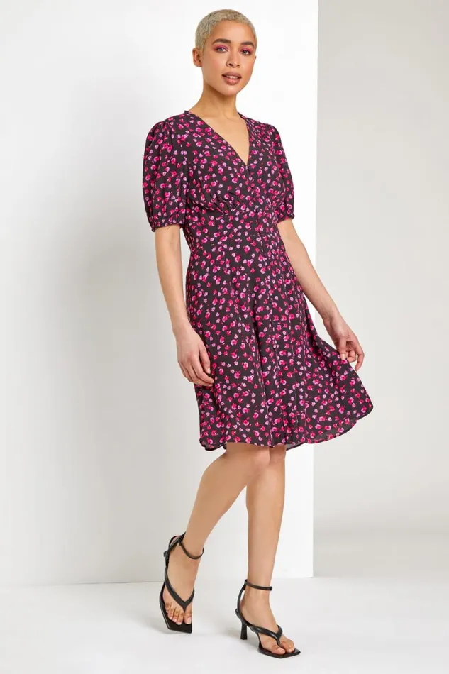 Black Ditsy Floral Frill Hem Tea Dress Women Roman Dresses