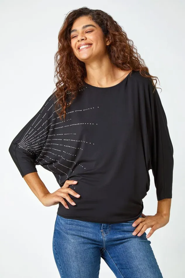 Black Embellished Relaxed Stretch Top Women Roman Tops