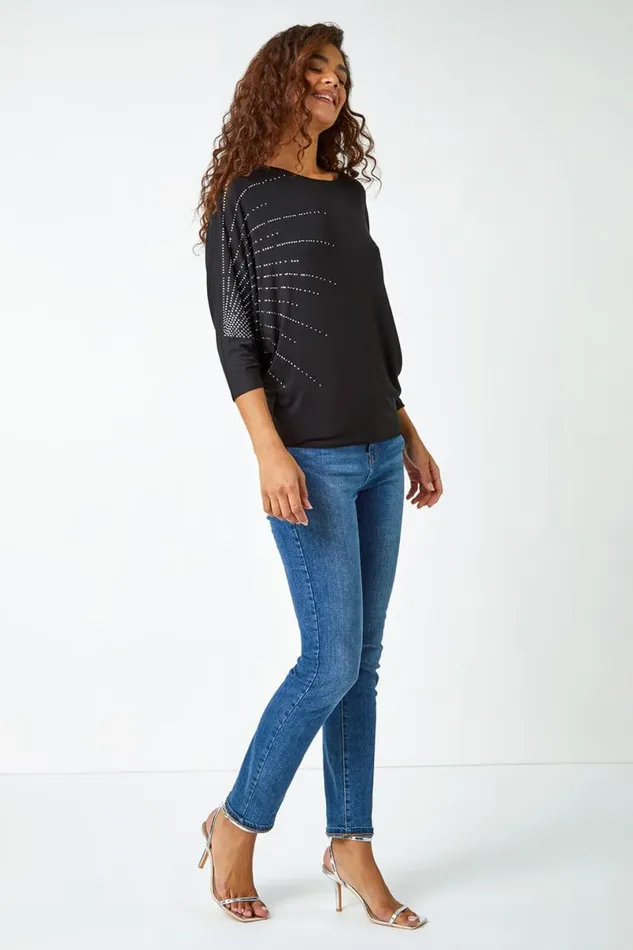 Black Embellished Relaxed Stretch Top Women Roman Tops