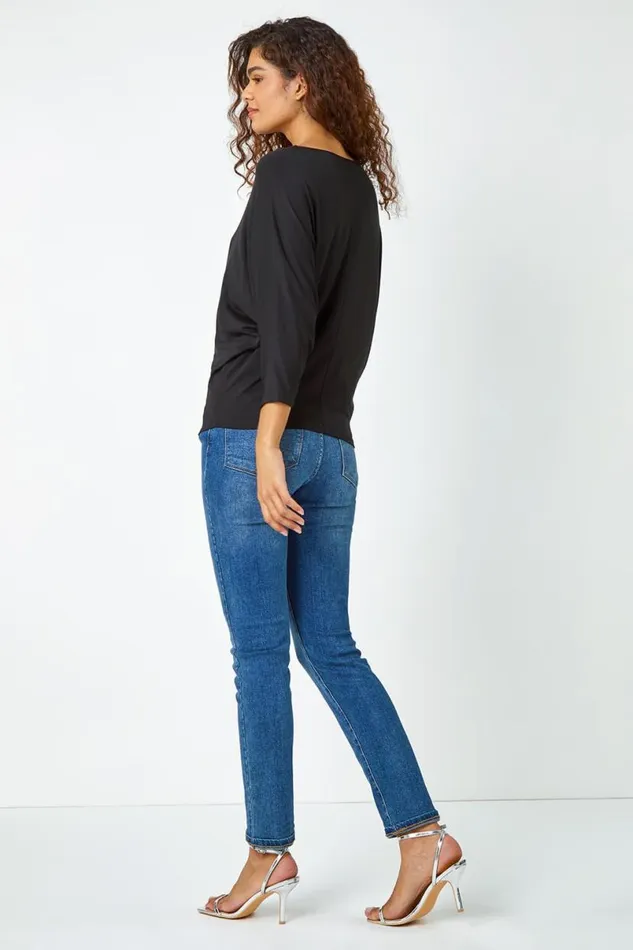 Black Embellished Relaxed Stretch Top Women Roman Tops