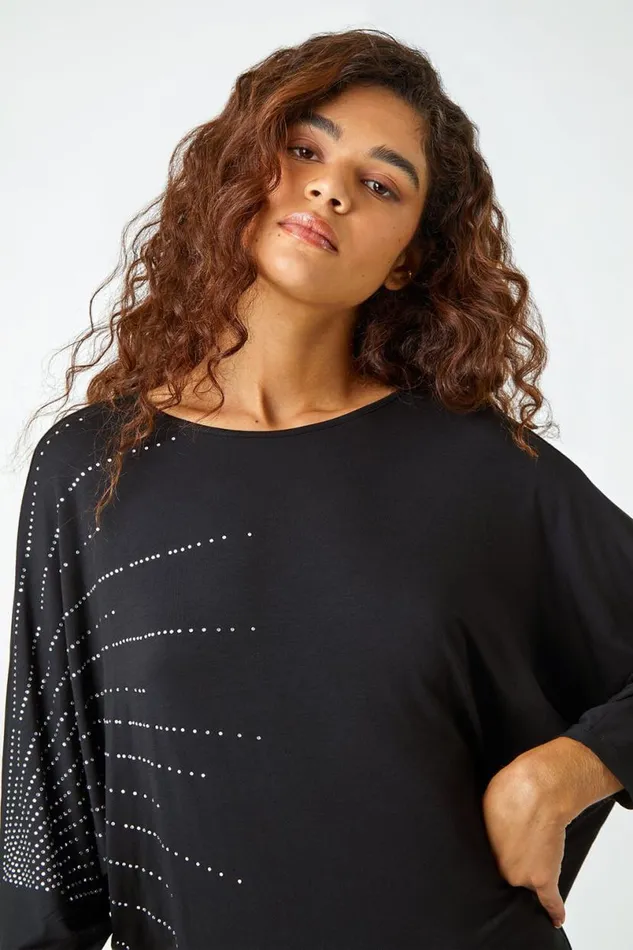 Black Embellished Relaxed Stretch Top Women Roman Tops