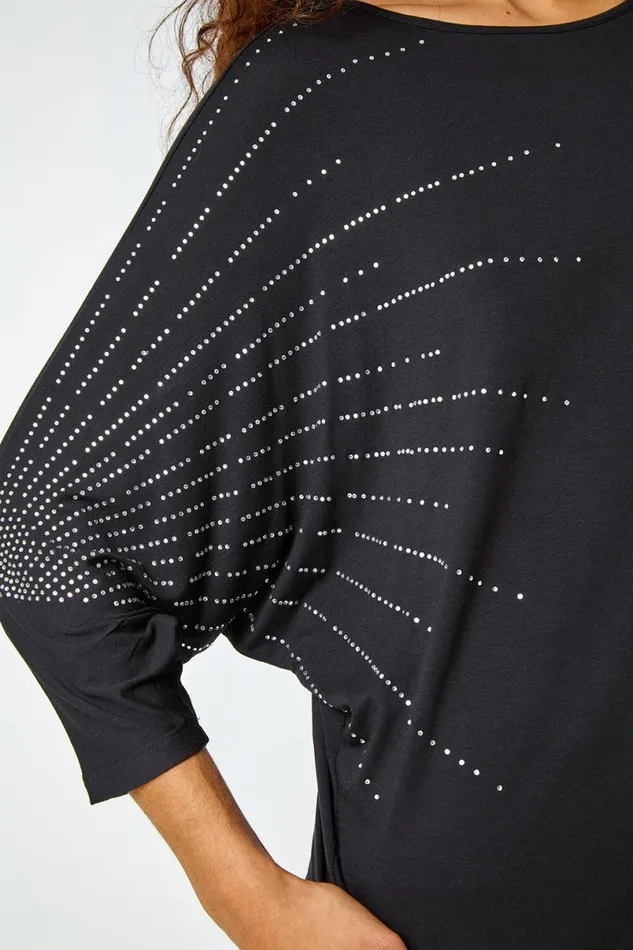 Black Embellished Relaxed Stretch Top Women Roman Tops