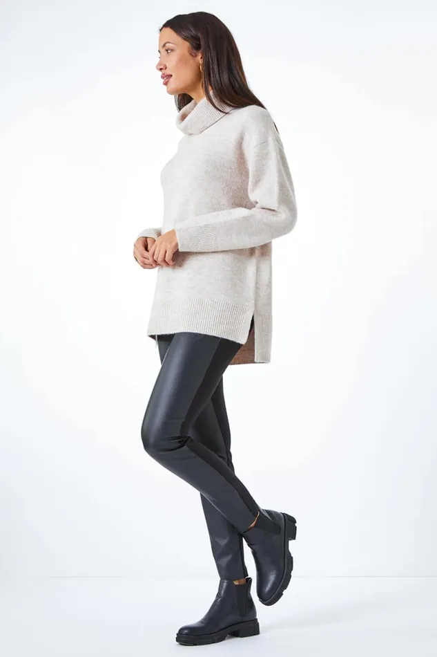 Black Faux Leather Panel Leggings Women Roman Occasionwear