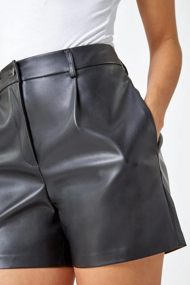 Black Faux Leather Shorts Women Roman Shorts