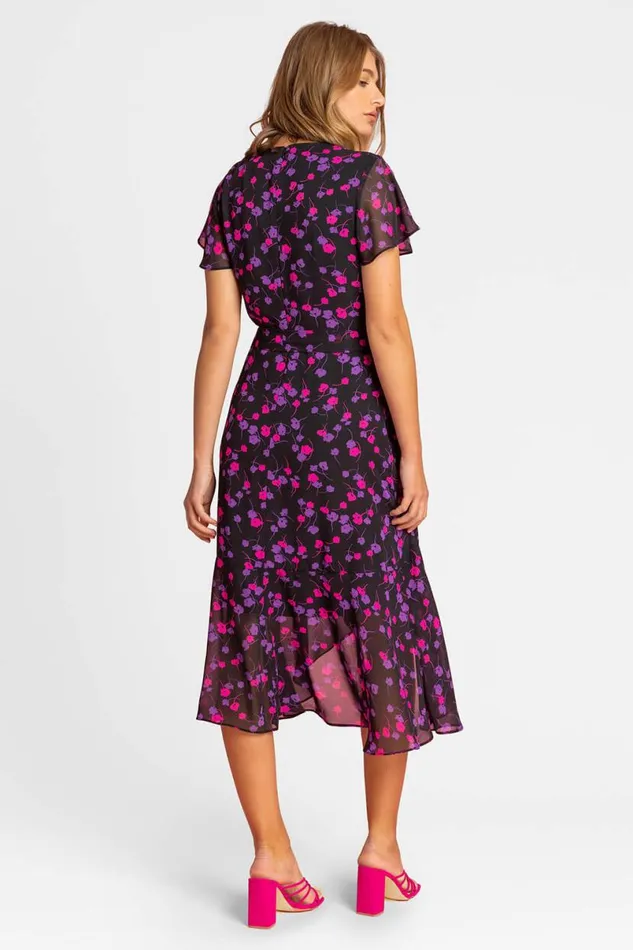 Black Floral Frill Detail Wrap Dress Women Roman Dresses