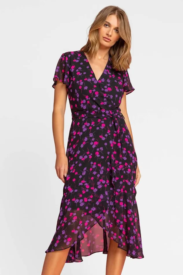 Black Floral Frill Detail Wrap Dress Women Roman Dresses
