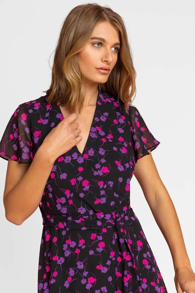 Black Floral Frill Detail Wrap Dress Women Roman Dresses