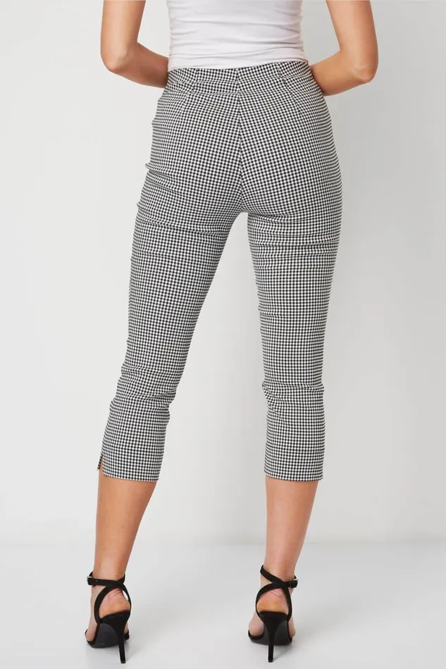Black Gingham Elastic Waist Stretch Cropped Trouser Women Roman Coords