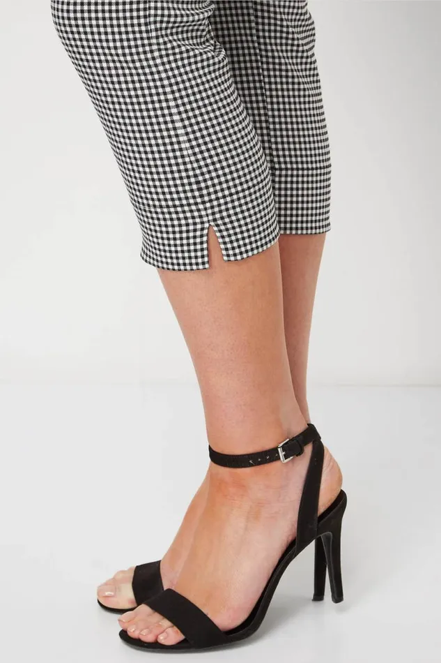 Black Gingham Elastic Waist Stretch Cropped Trouser Women Roman Coords