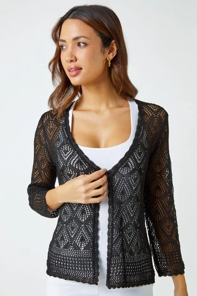 Black Knitted Crochet Shimmer Shrug Women Roman Occasionwear