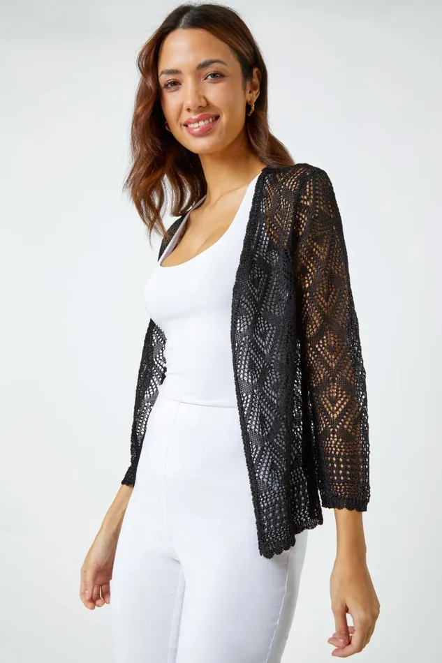 Black Knitted Crochet Shimmer Shrug Women Roman Occasionwear