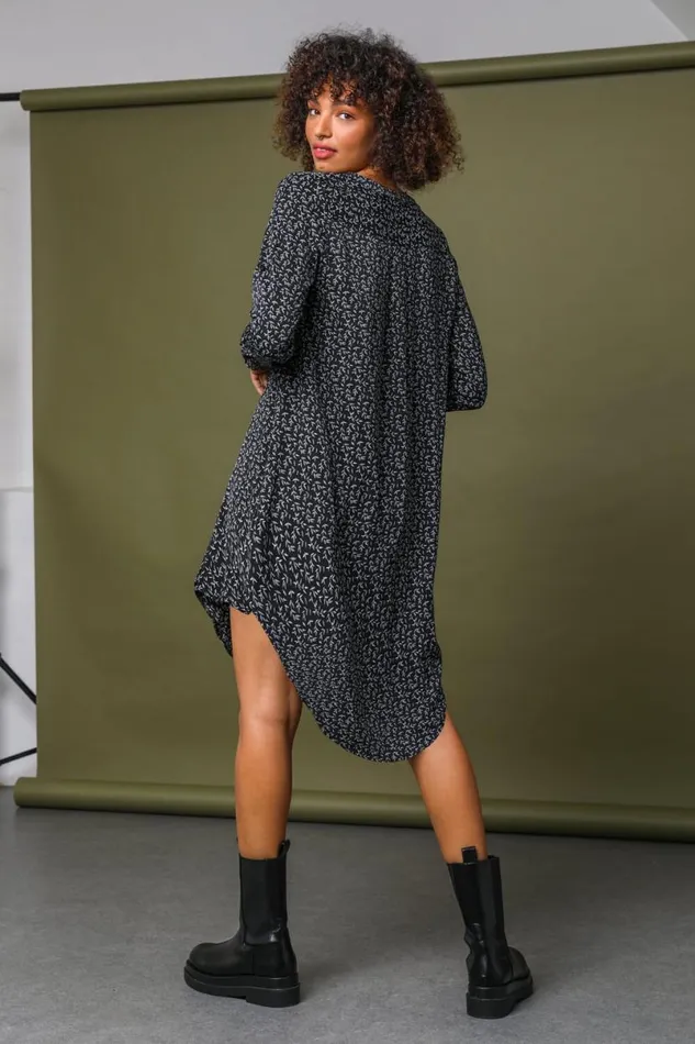 Black Leaf Print Chiffon Asymmetric Tunic Dress Women Roman Dresses