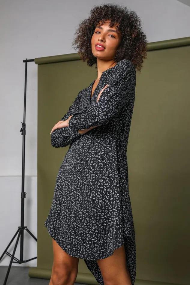 Black Leaf Print Chiffon Asymmetric Tunic Dress Women Roman Dresses
